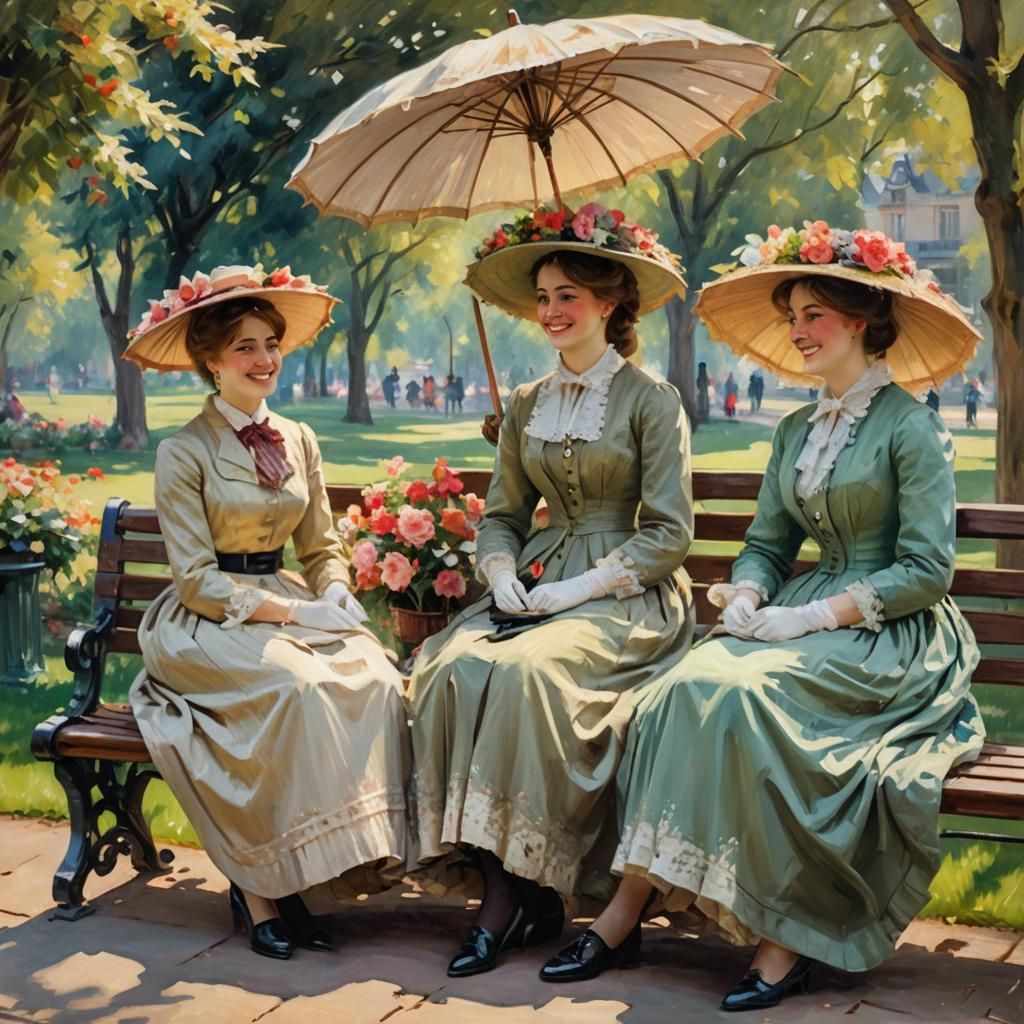 Victorian Ladies with Parasols: Impressionist Oil Painting