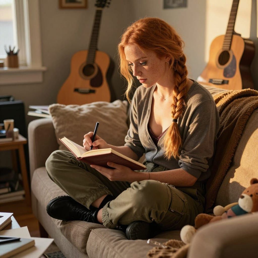 Woman Writing Novel on Couch in Golden Hour Light