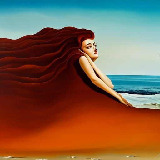 Surreal Auburn Haired Woman Sunbathing on Beach