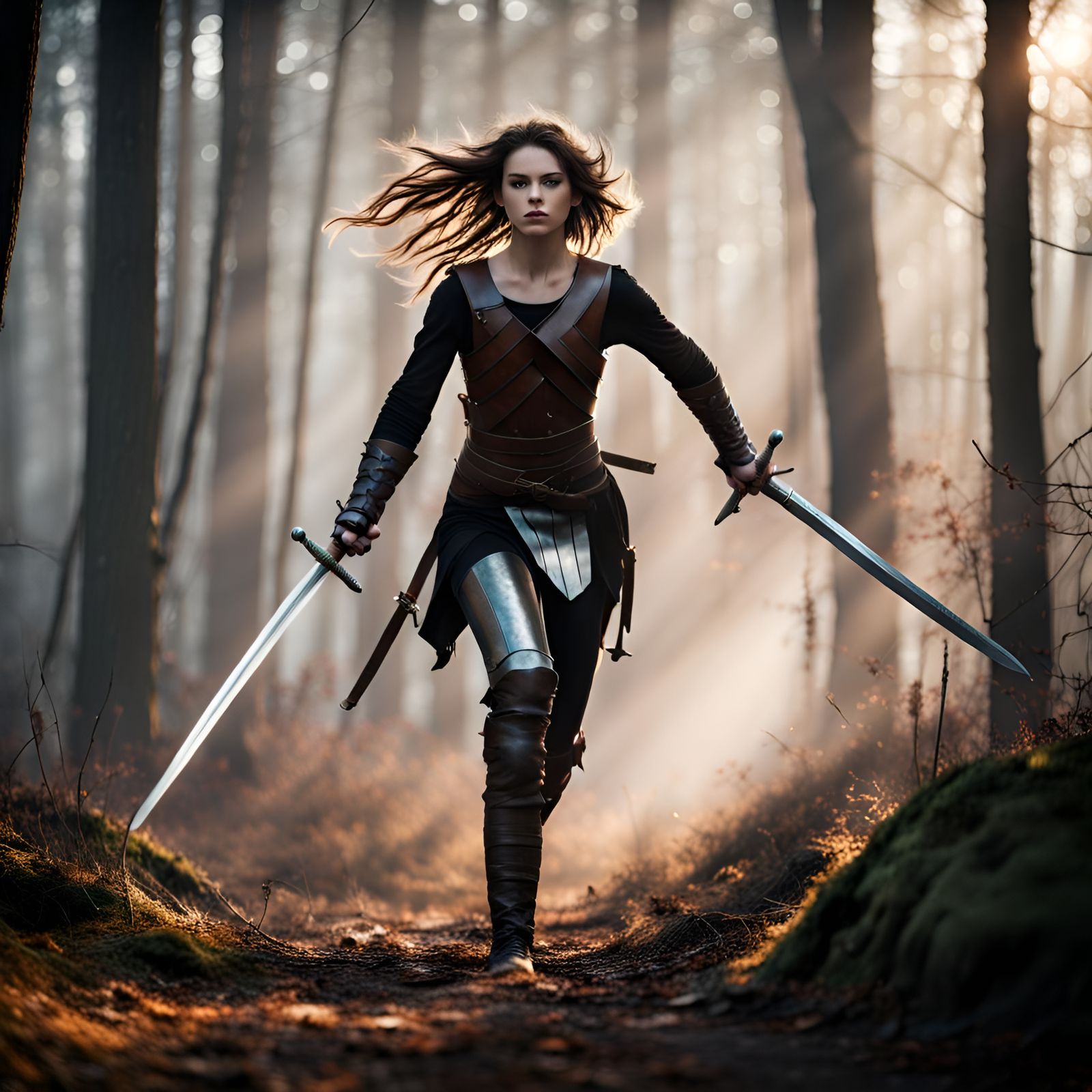 Teenage Girl Warrior Running Through Misty Forest