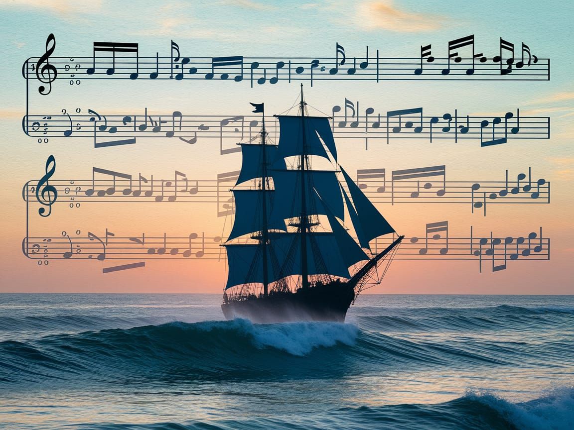 Ocean Waves and Sailing Ship in Double Exposure