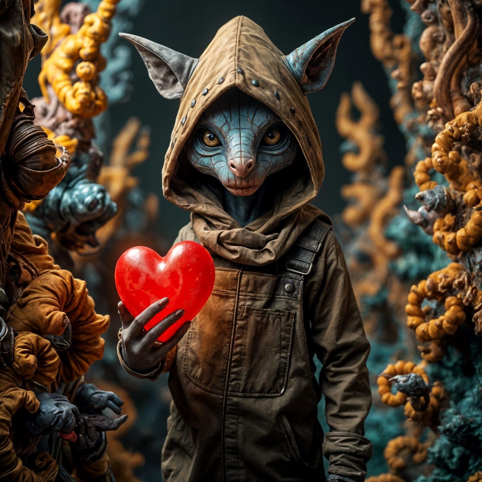 Mysterious Hooded Creature with Glowing Red Heart in Bismuth...