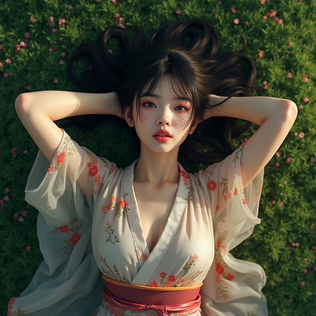 Elegant Japanese Woman in Delicate Kimono on Vibrant Grass