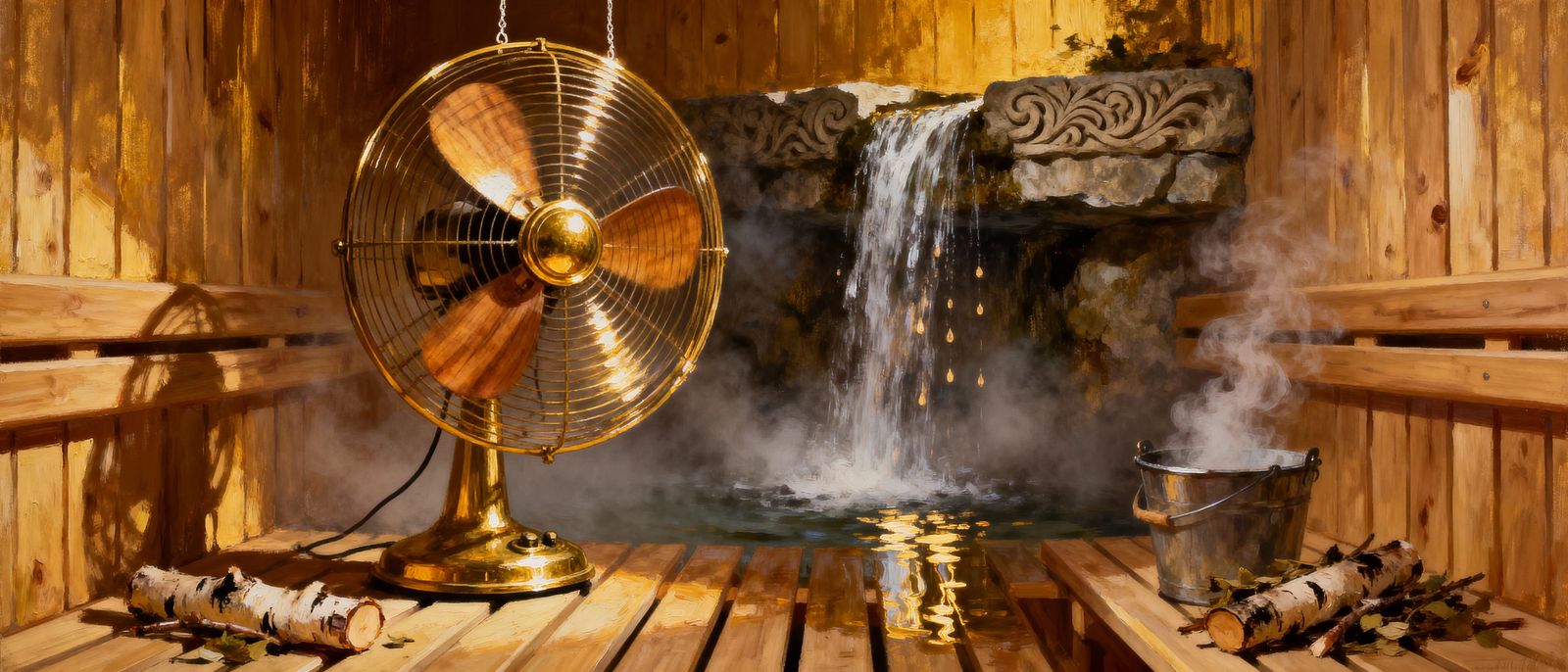 Epic Oil Painting of a Fan in a Sauna with Waterfall
