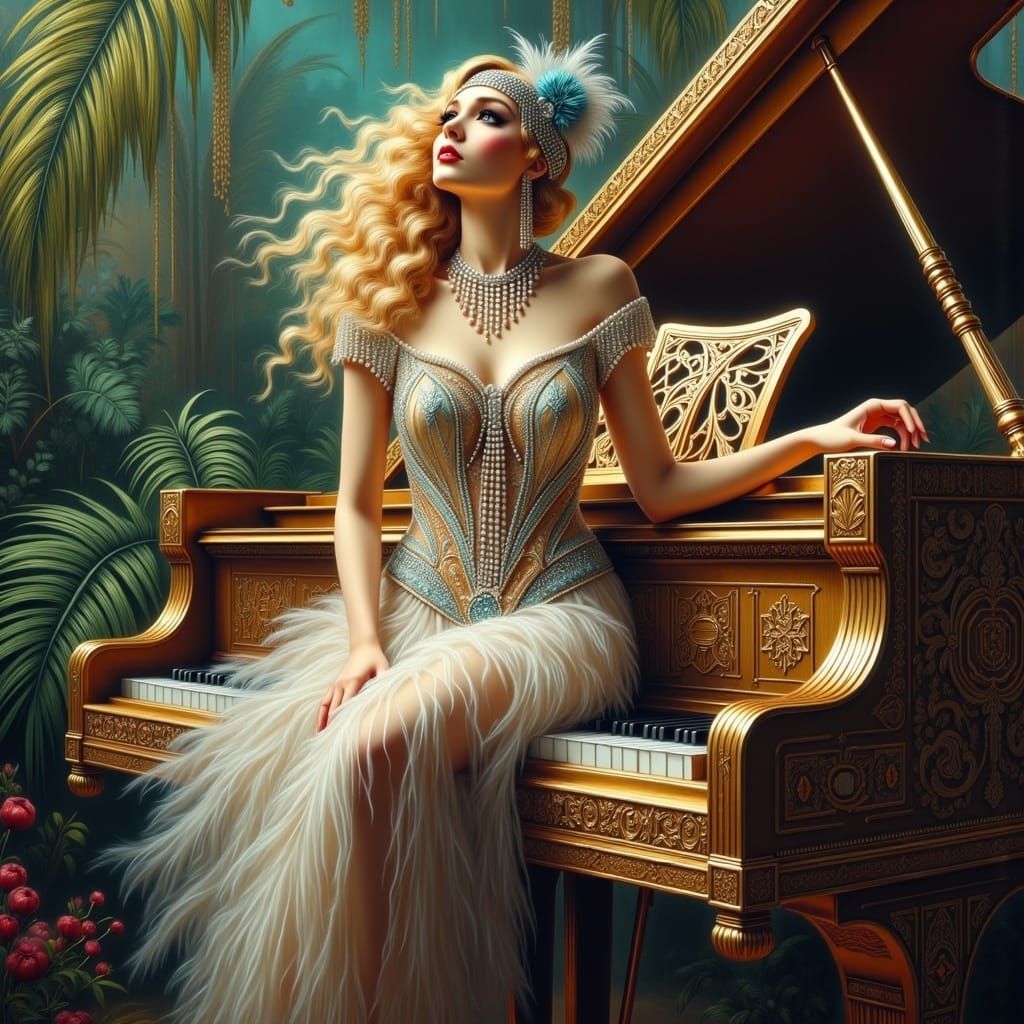 Flapper Singer at Ornate Piano in Dreamscape