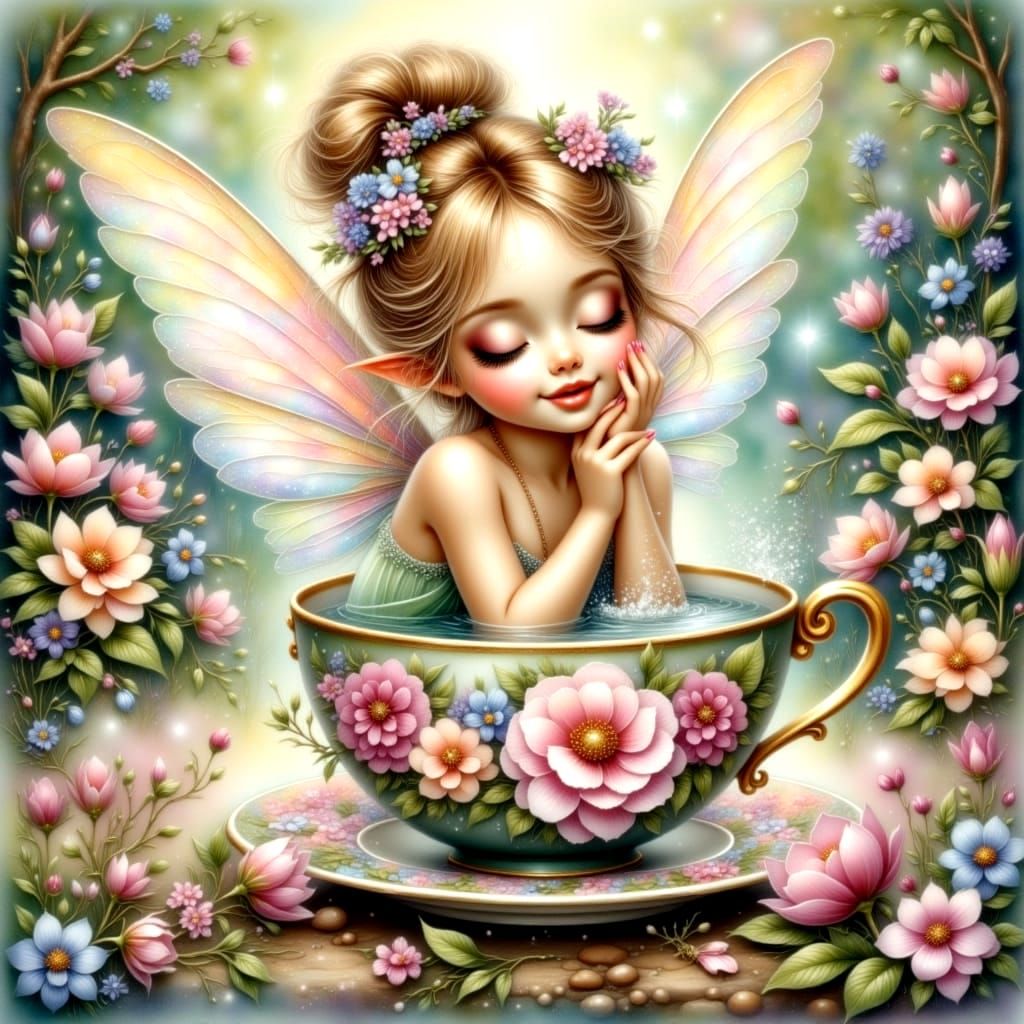 Giggling Fairy Splashing in Teacup: Watercolor Art
