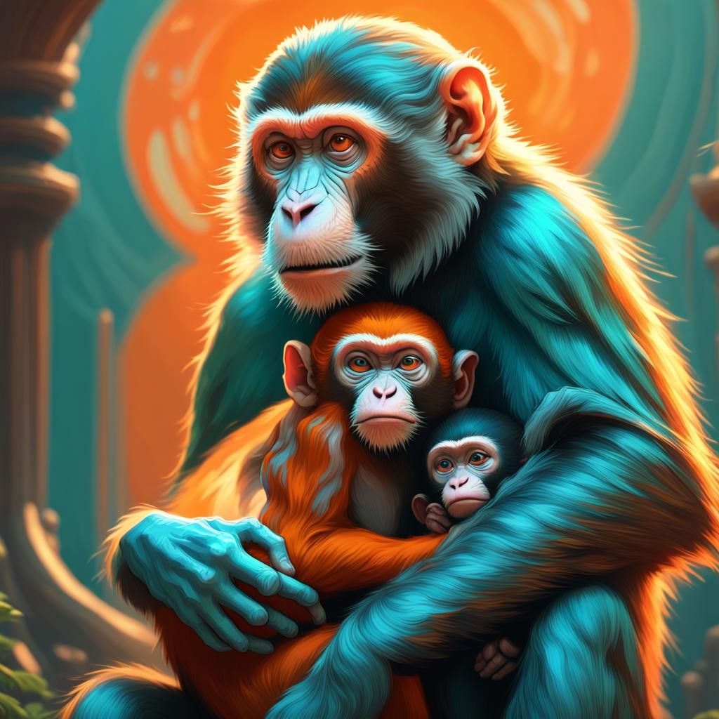 Monkey Mother and Baby in Hyperdetailed Art
