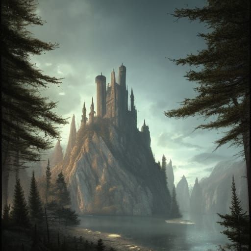 High Gothic Castle in Forest, Dark Fantasy Art