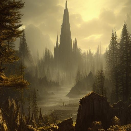Gothic Castle by Lake in Sunlight, Dark Fantasy Art