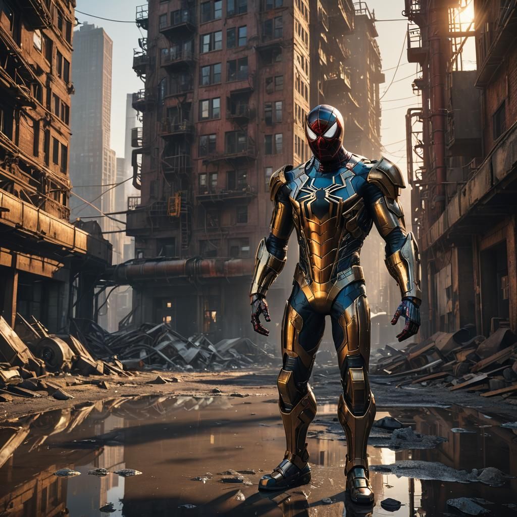Spiderman in Desolate Cityscape with Robotic Armor