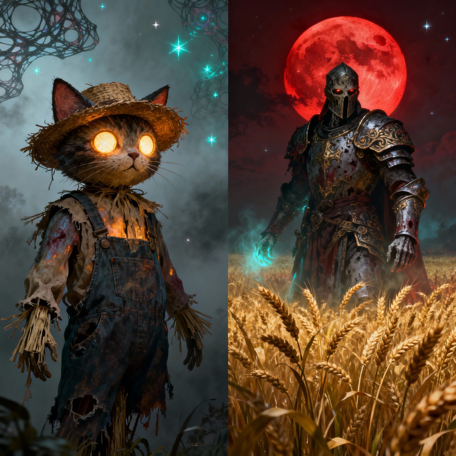 Cat Scarecrow and Undead Paladin in Gothic Fantasy Scene