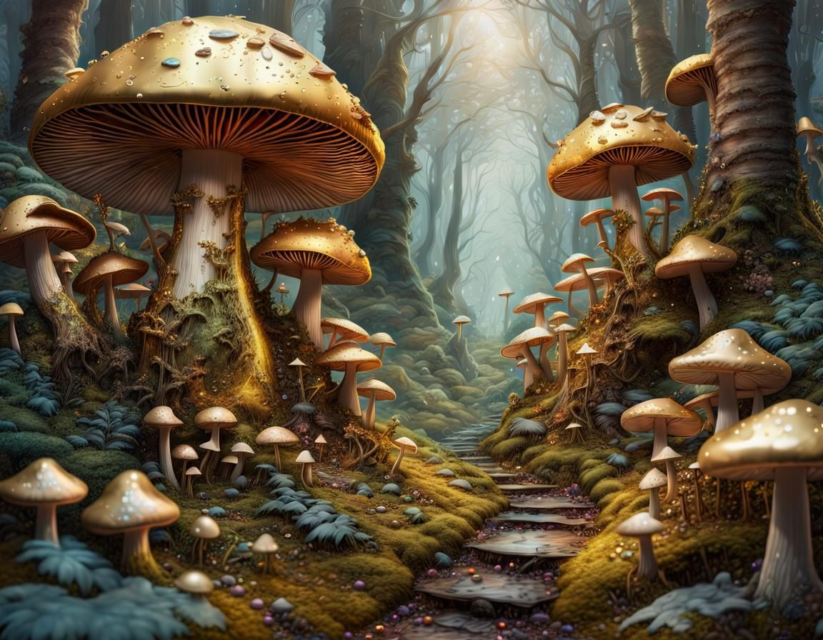 Golden Mushroom Forest with Crystals and Gems