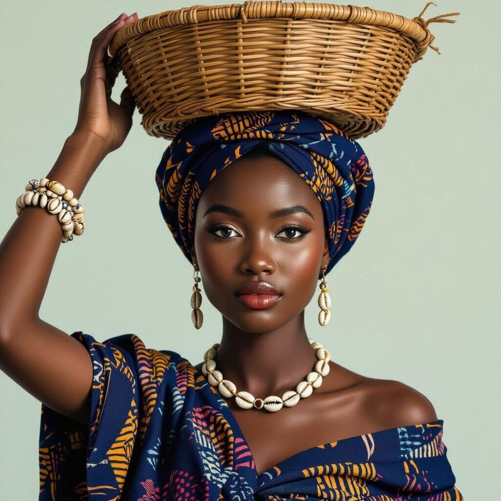African Woman with Basket in Contemporary Art Style
