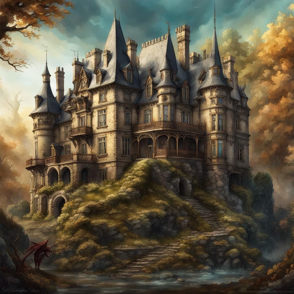 Steampunk Castle with Dragon and Trolls in Watercolor Style