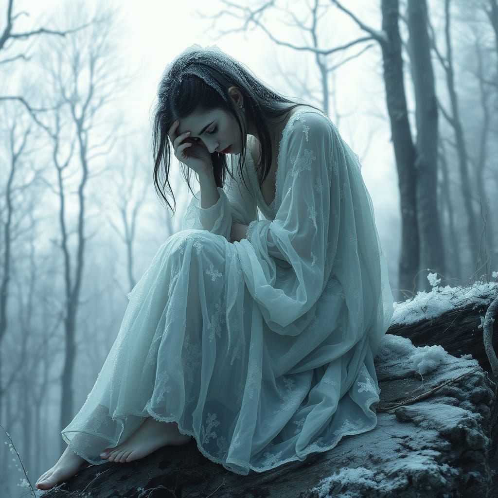 Frozen Woman Embracing Ice and Sorrow in a Haunting Landscap...