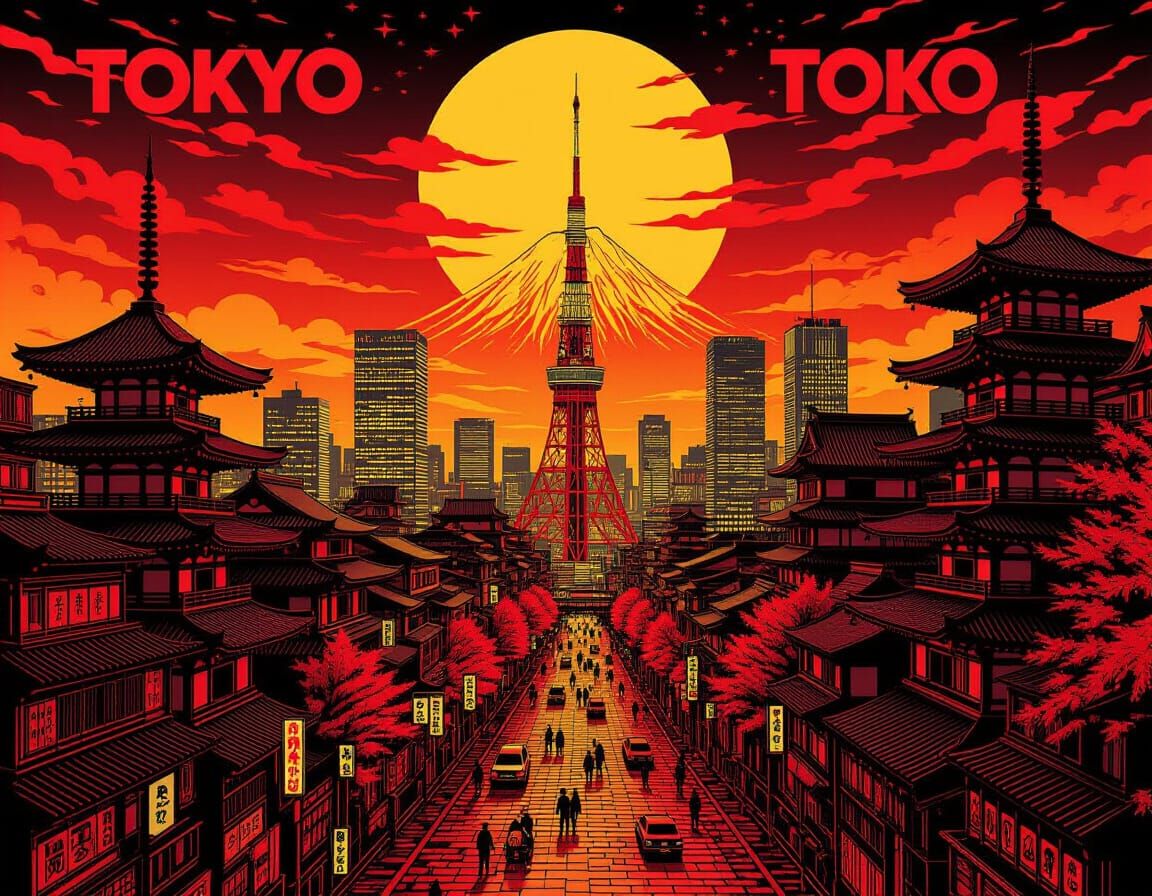 Fiery Tokyo: A Mystic, Surreal Art Nouveau Poster