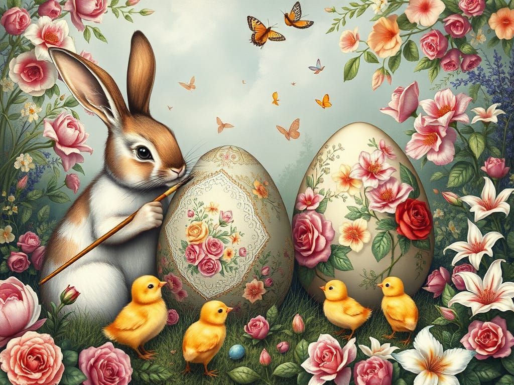 Easter Bunnies Painting Eggs in Vintage Charcoal Style