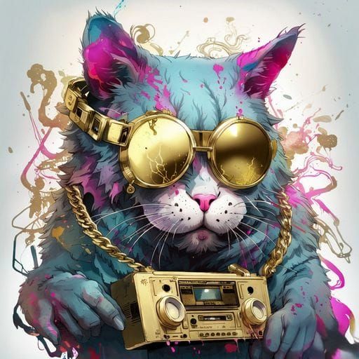 Gangster Cat Rapper in Inkblot Oil Painting