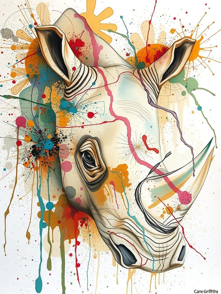 Expressive Rhino Watercolor Painting in Carne Griffiths Styl...