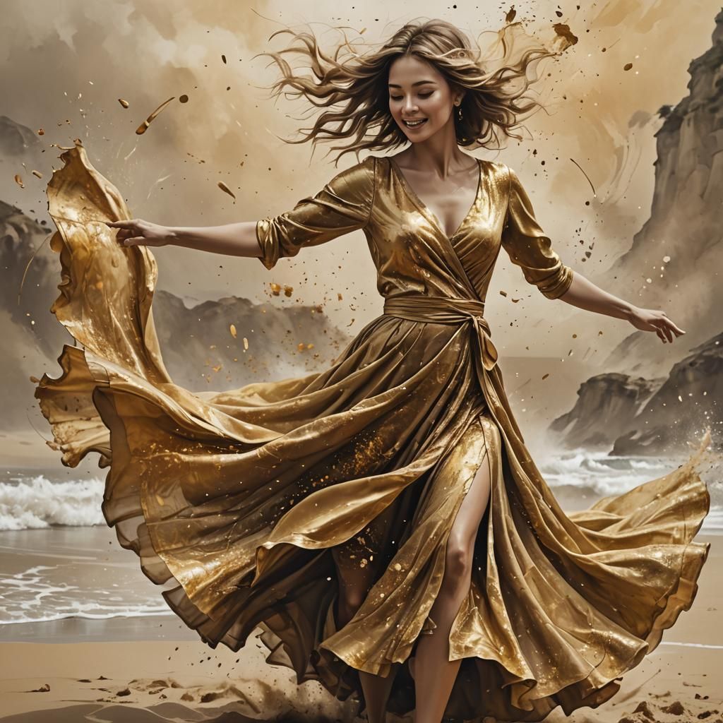 Woman Dancing on Beach in Ink Painting Style