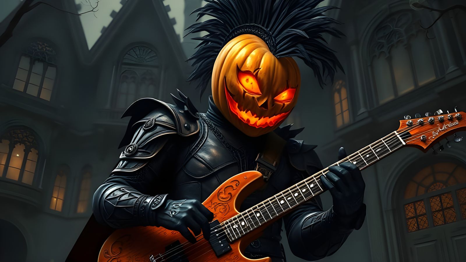 Smiling Pumpkinhead Guitarist in Gothic Armor