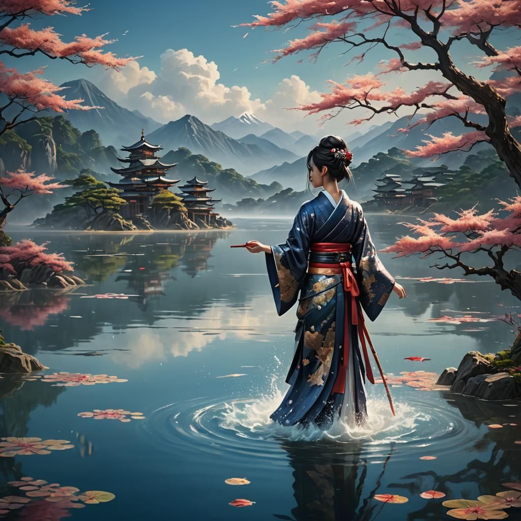 Magical Japanese Woman in Lake: Impasto Painting