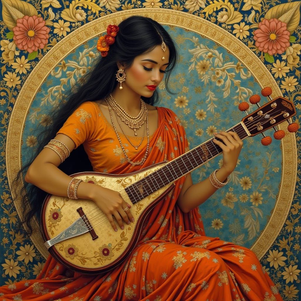Ornate Indian Woman Plays a Sarod in Art Nouveau Style