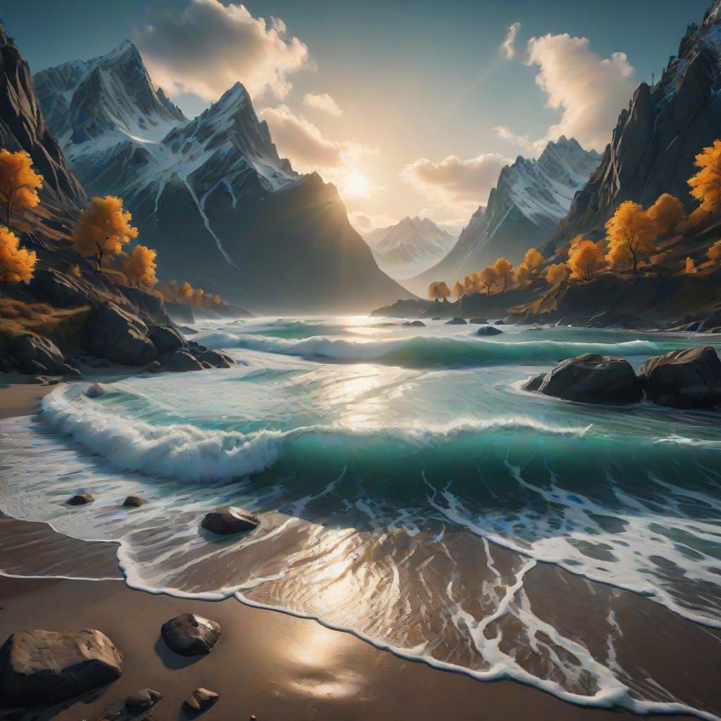 A magical beach corner near a mountain range