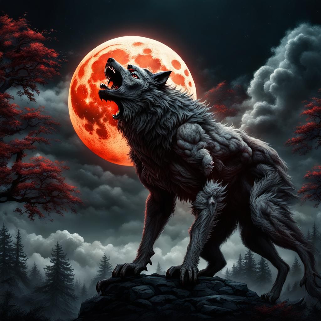 Werewolf Howling at Blood Moon: Cinematic Digital Painting