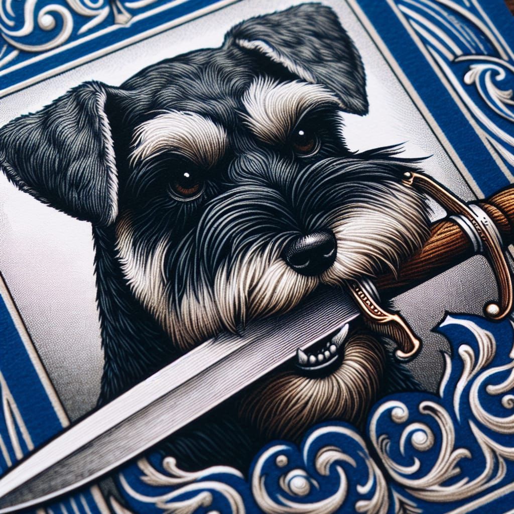 Miniature Schnauzer Biting Dagger on Playing Card
