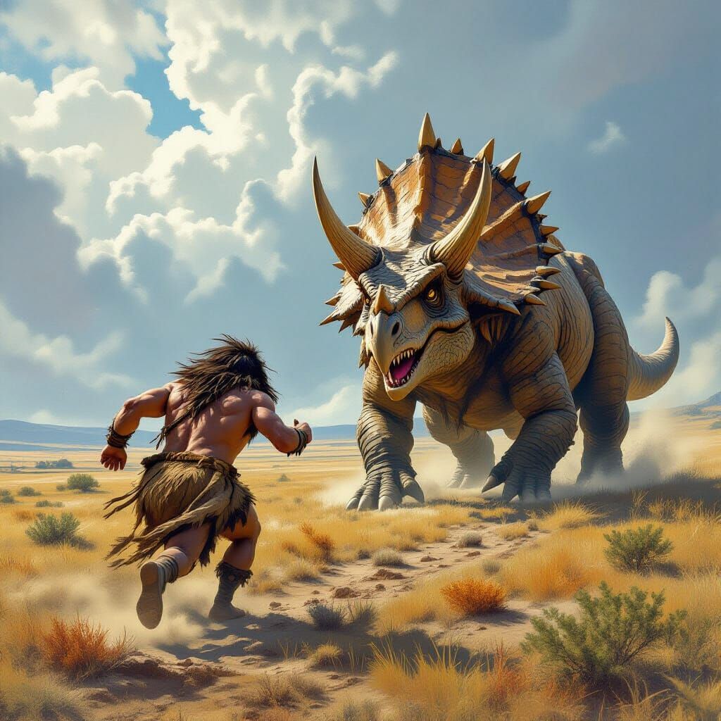 Caveman's Flight: Triceratops Chase in Artistic Style