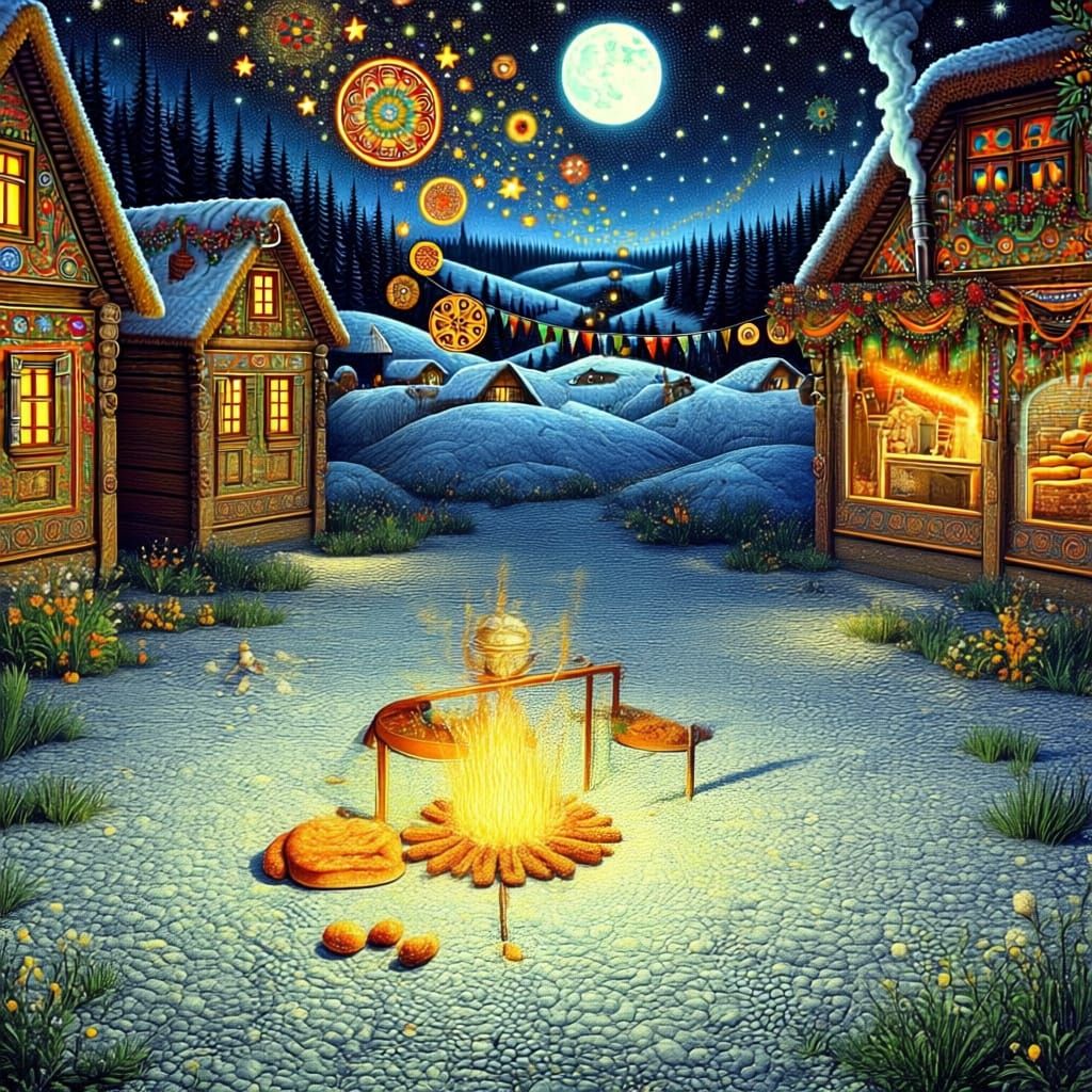 Humorous Folk Art Painting of Shaman Baking Bread for Villag...