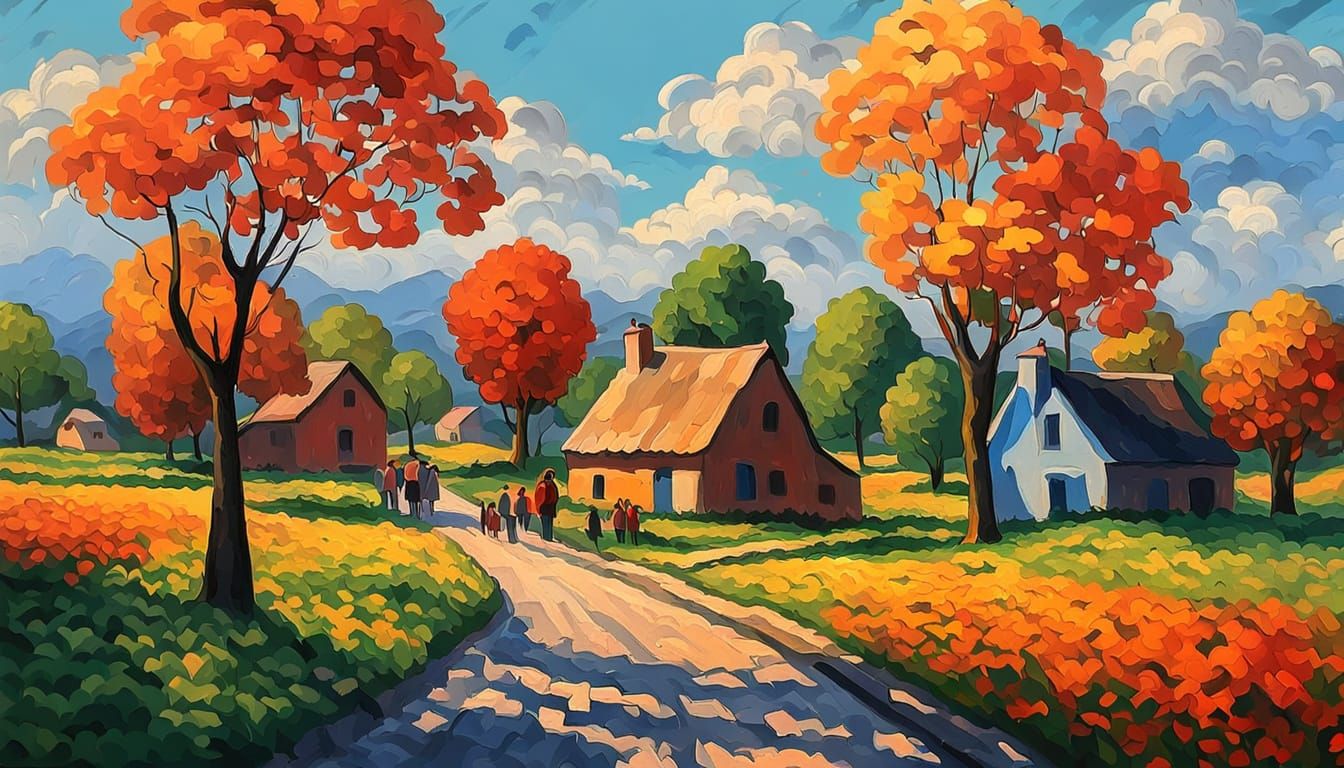 Vibrant Neo-Impressionist Village Scene