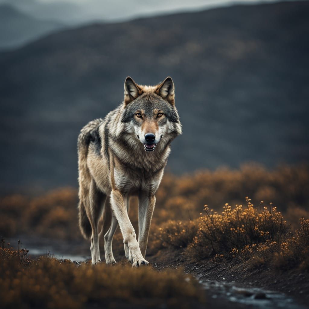 Wolf Hunting in Dramatic Grey Landscape