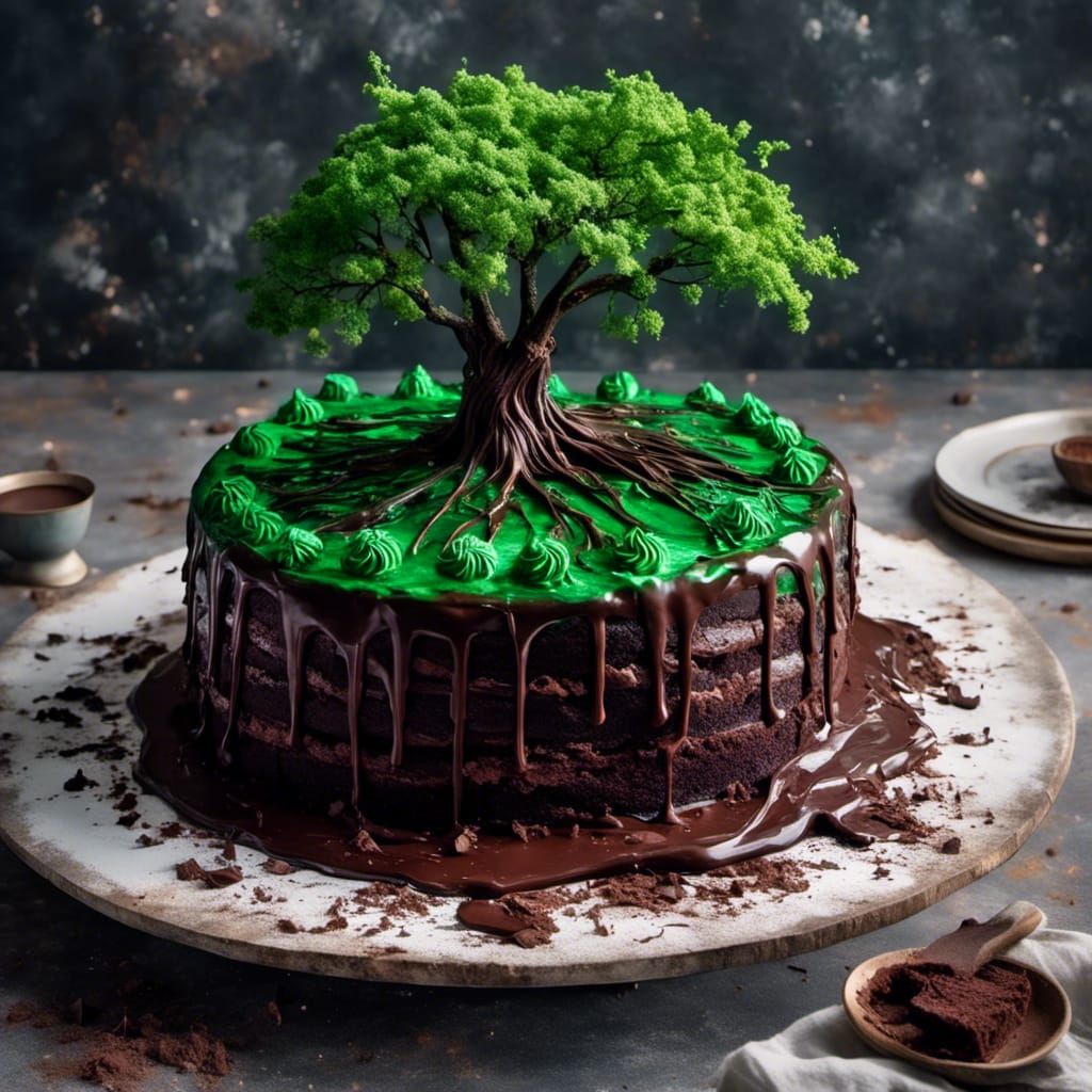 Chocolate Cake with Green Tree Decoration
