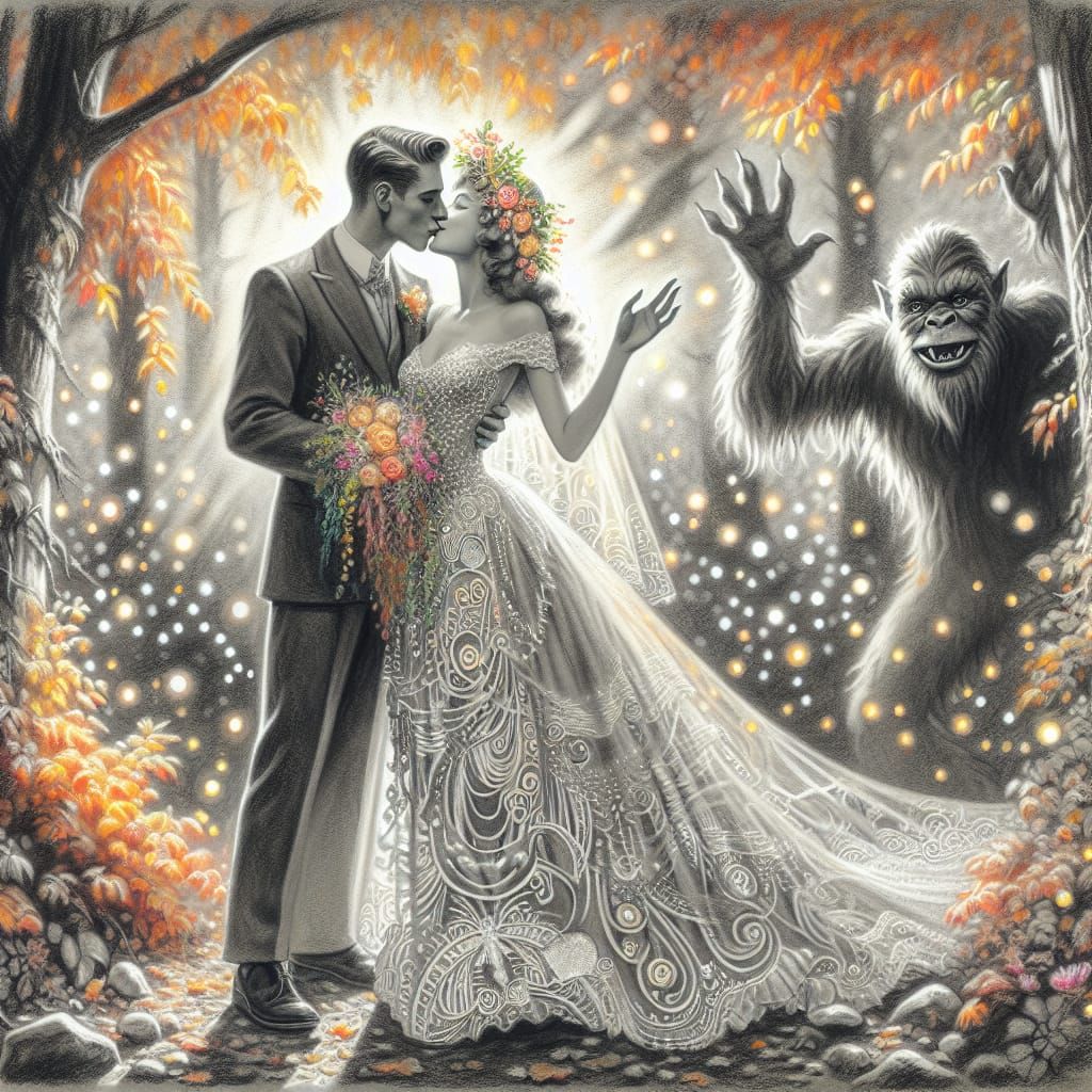 Bigfoot Photobombs a wedding, Dalle version
