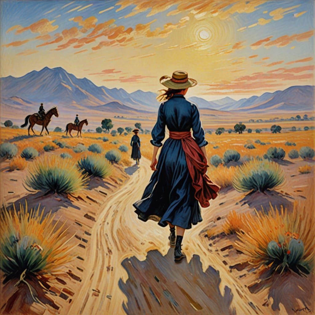Woman in Diaphanous Fabrics Walking in Desert Landscape