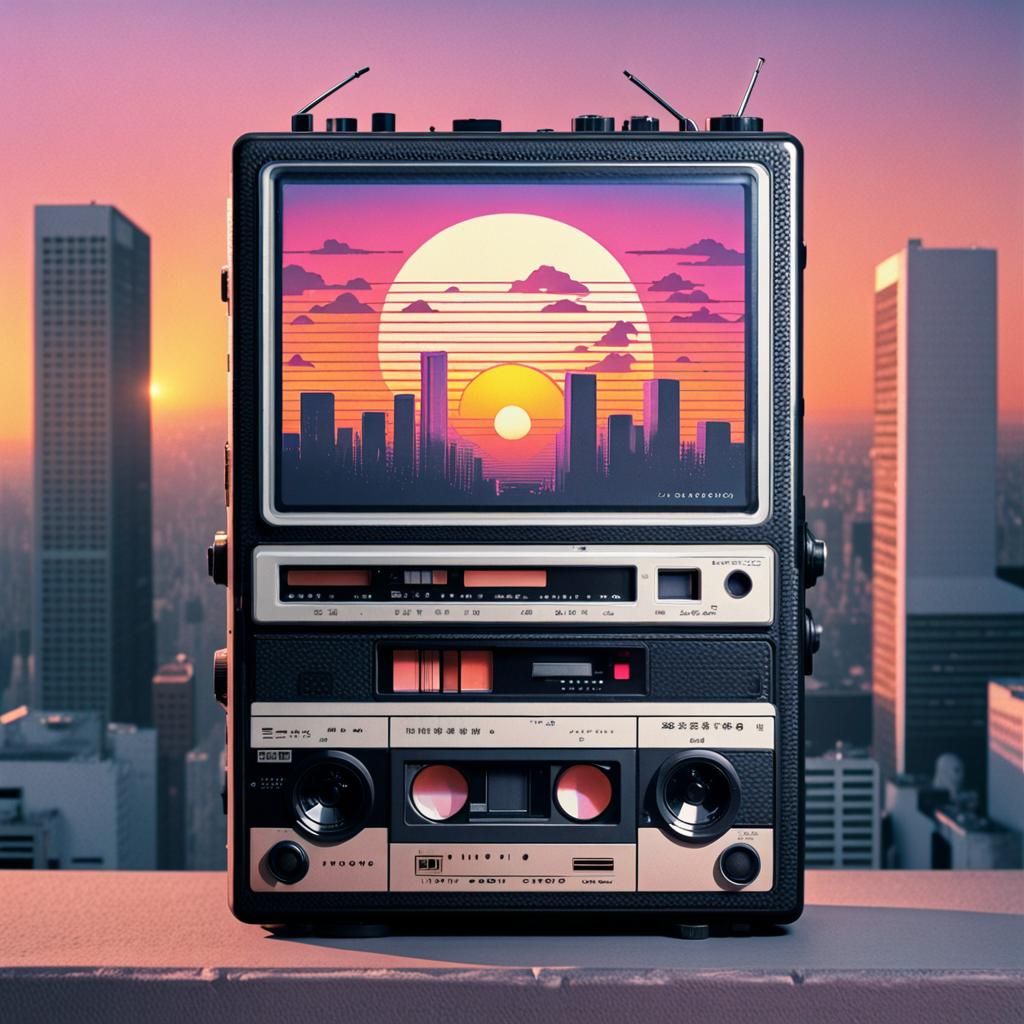 Vaporwave Cassette Recorder Sunset in 80s Style