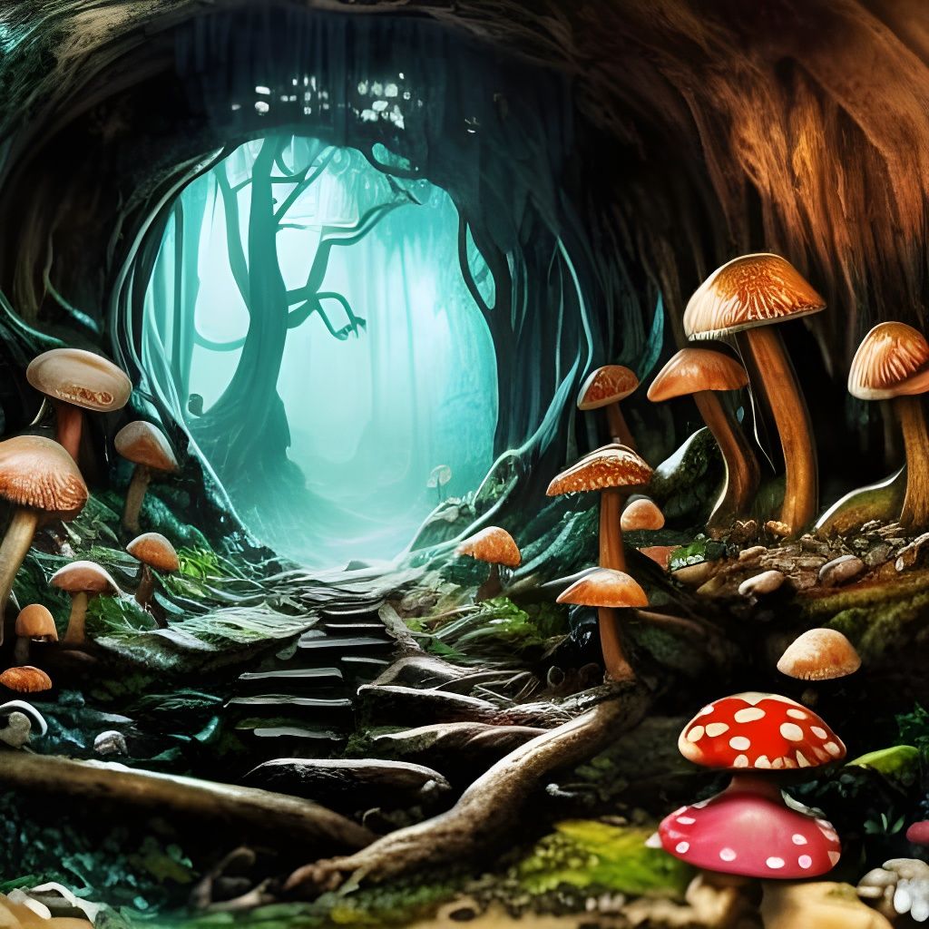 Ethereal Mushroom Cave with Hieroglyphs in Woods