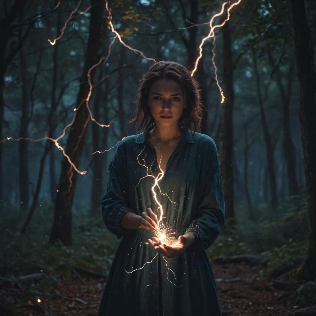 Woman Conjures Lightning in a Starry Forest