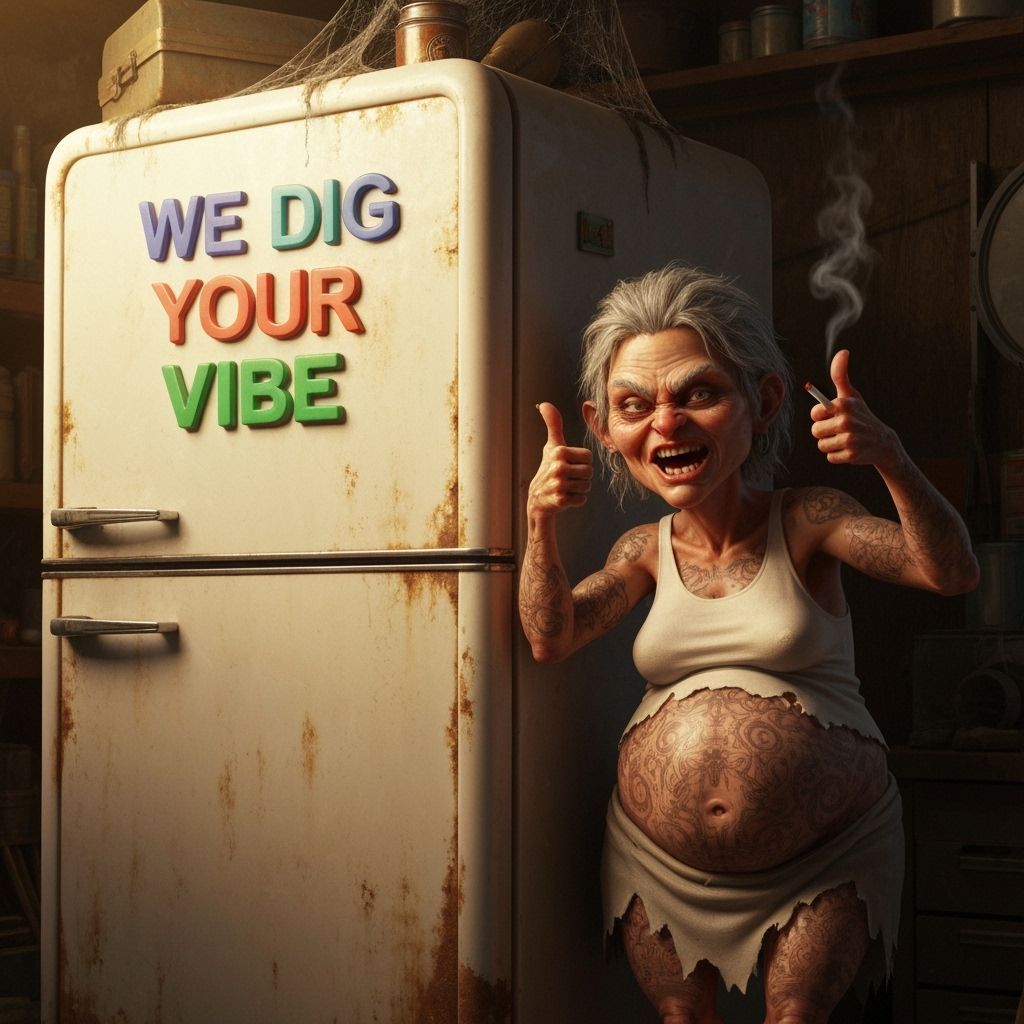 Grotesque Hillbillies Adorn Decrepit Fridge in Garage