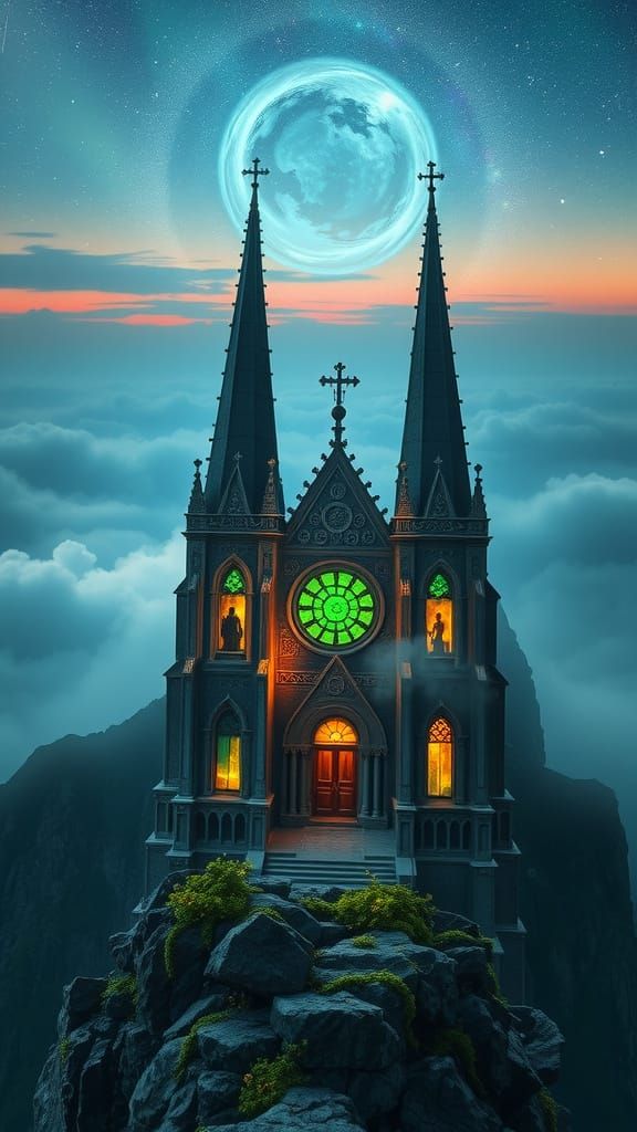 Mystical Cathedral at Twilight in Hyper-Detailed Fantasy