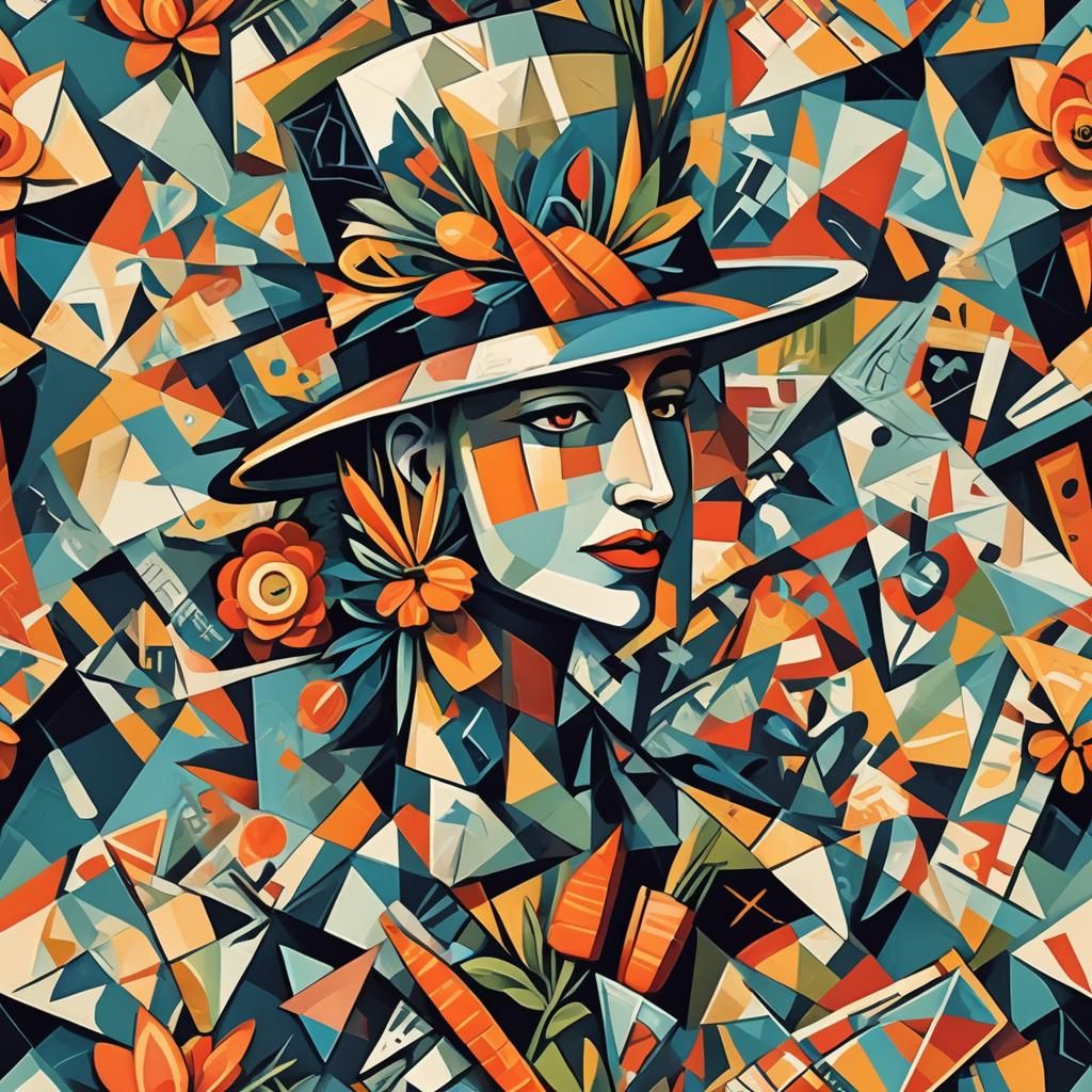 Cubist Portrait with Geometric Hat Decoration