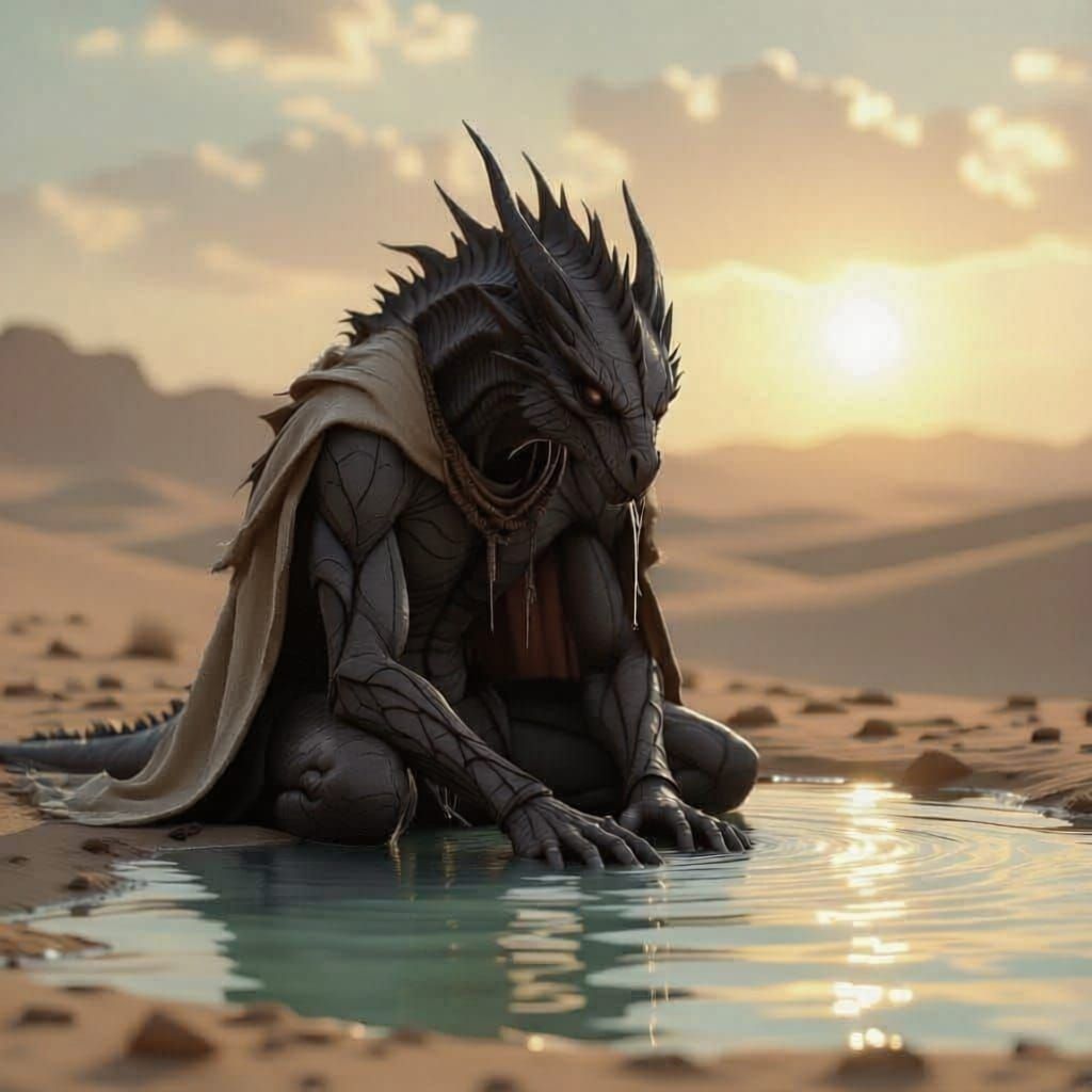 Ancient Dragonborn Seeks Solace at Desert Oasis