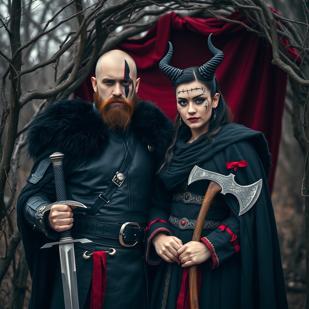 Medieval Warrior Couple in Fantasy Landscape