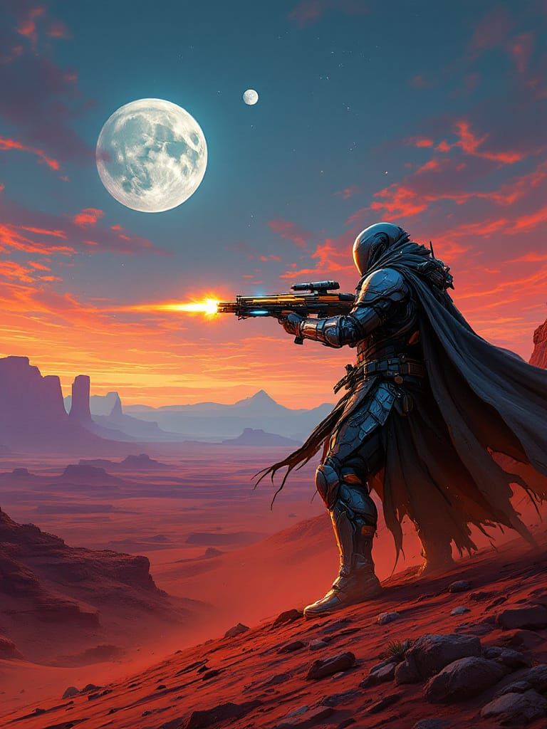 Futuristic Warrior on Alien Desert Under Twilight Sky