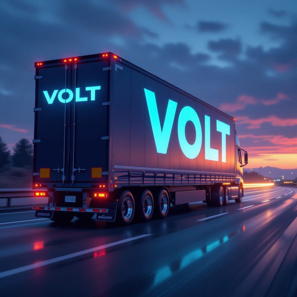 Volt Branded Semi Truck Speeds Down Highway at Dusk