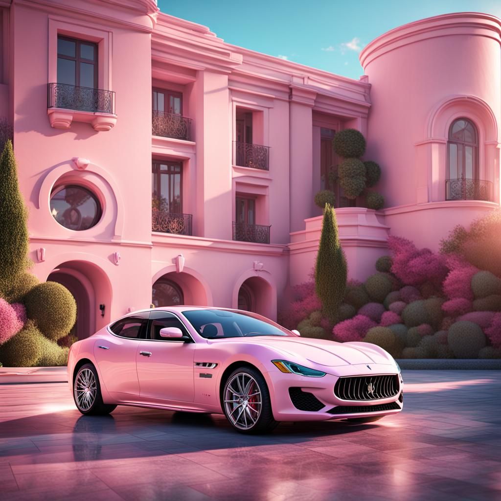 Light Pink Maserati at Modern House: 3D Digital Art