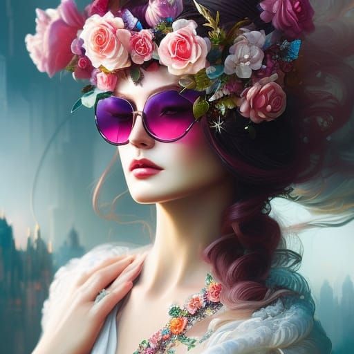 Solarpunk Princess in Rose Crown and Sunglasses