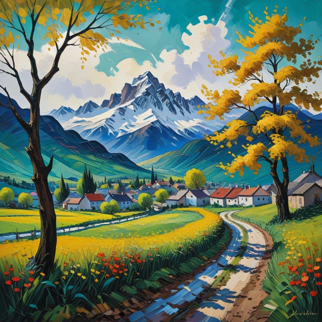 Village Scene in Vibrant Neo-Expressionist Oil Painting